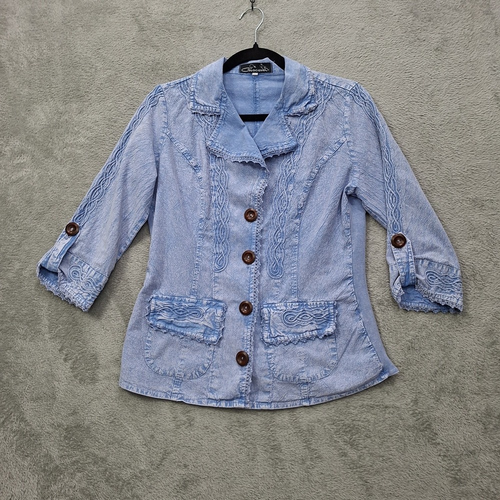 Giocam‎ Blazer M Embroidered Peruvian Cotton Light Wash Stretch Denim Boho Artsy